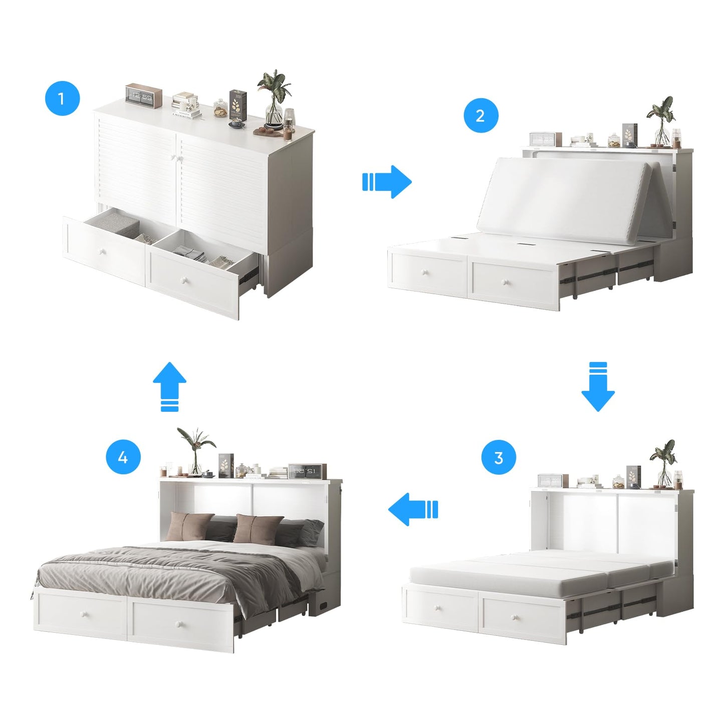 PUREMIND Queen Murphy Bed with Mattress Included, Murphy Bed Cabinet with Storage Drawer, Charging Station, Headboard, Space Saving Wall Beds for Guest Room