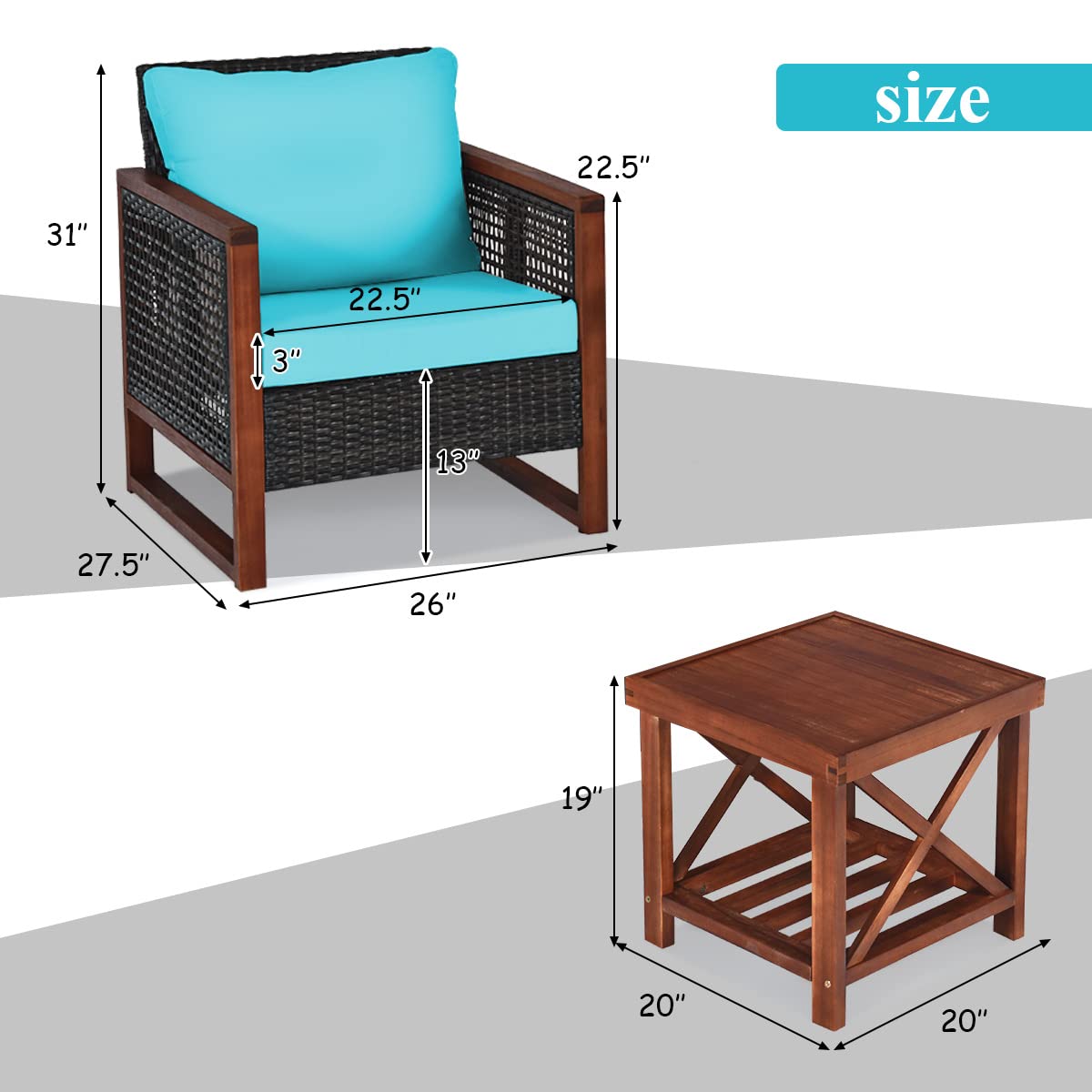 Tangkula 3 Pieces Patio Wicker Furniture Set, Rattan Outdoor Sofa Set w/Washable Cushion & Acacia Wood Coffee Table, Conversation Bistro Set for Garden Balcony Backyard (Turquoise)