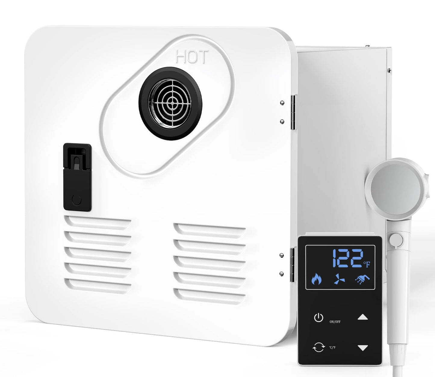 Jocoevol 65,000 BTU RV Tankless Water Heater, High Altitude Available, 12V, CSA Certificated, Instant Shower with 15 x 15 inches White Door and Multi-function Controller, Ideal for RVers' Family Use