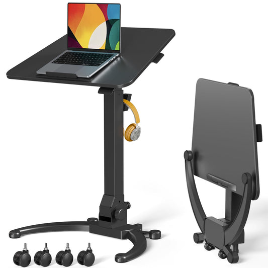 JOY worker Foldable Mobile Standing Desk, Upgraded Height Adjustable Rolling Desk, Max Height 47.6", 90° Tiltable Board & Base, Portable Workstation with Moveable Wheels, Holds Up to 22lbs, Black