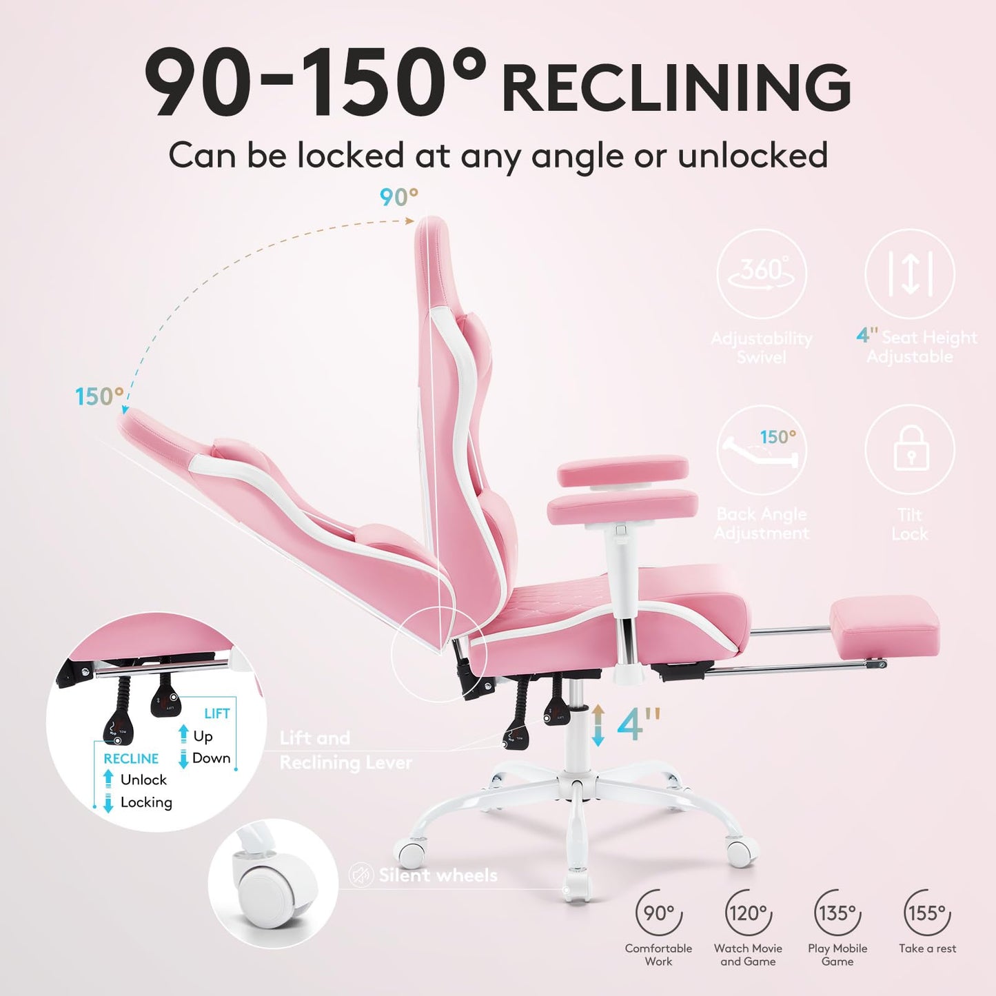 Morkprism Gaming Chair,Computer Office Chair with Footrest,Massage Lumbar Support and Gel Pad,Ergonomic Reclining Leather Gamer Chair with Headrest,Adjustable Armrests and Spring Cushion Pink
