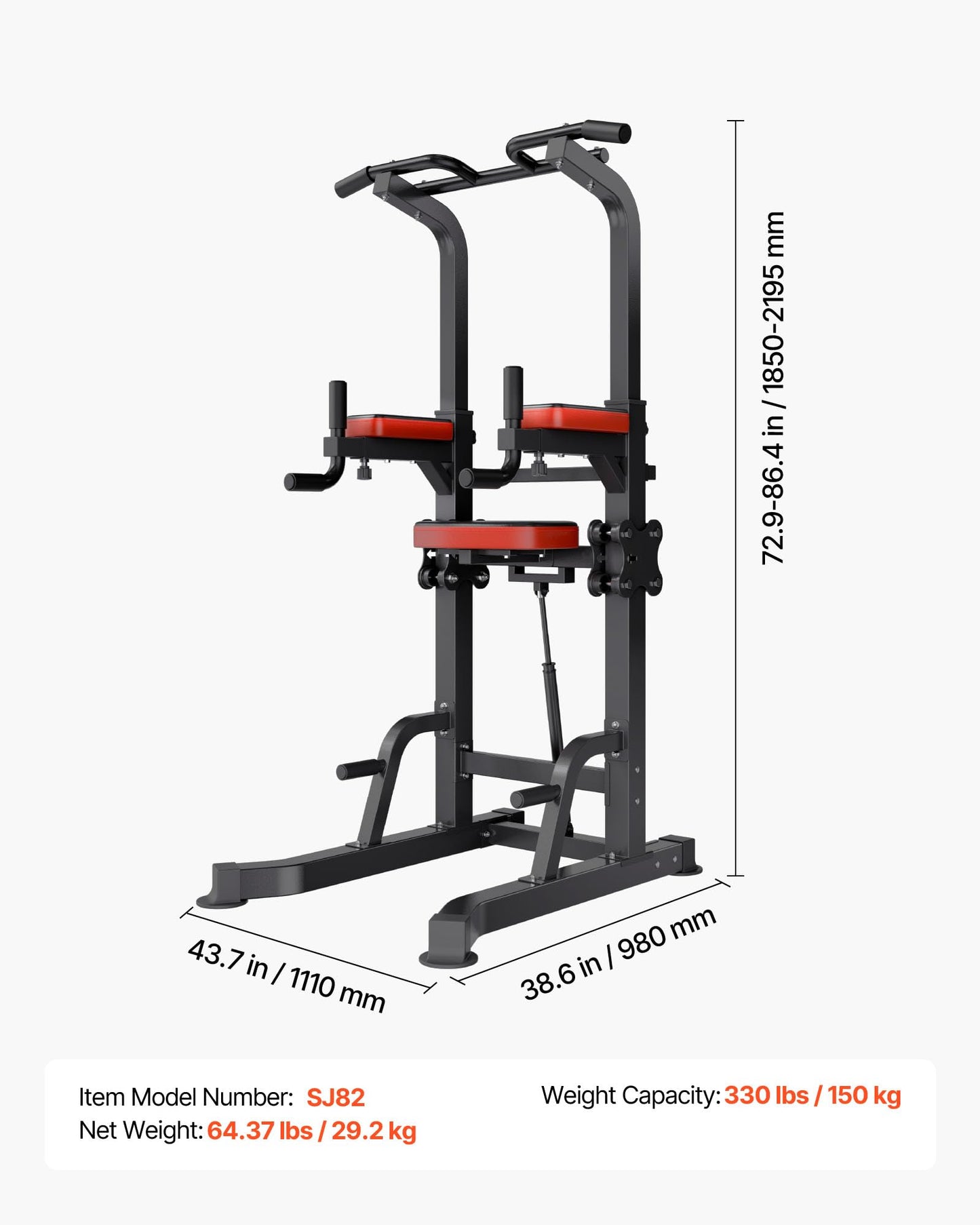 VEVOR Pull Up Bar, 330 LBS Power Tower Dip Station, Workout Dip Station with H-Shaped Stable Base & Assistance Platform, Adjustable 9 Level Height Pullup Stand for Back, 3-Level Adjustable Elbow Pads