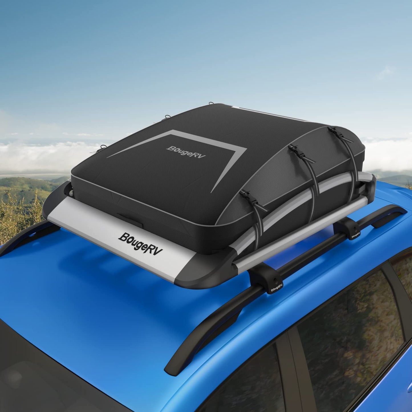 BougeRV Anti-Rust Aluminum Roof Basket 47''x40''x8'', Lightweight Universal Rooftop Cargo Carrier Roof Rack Cargo Basket with Wind Fairing, Roof Rack for SUV Pick Up Truck,150LBS Load Capacity, Silver