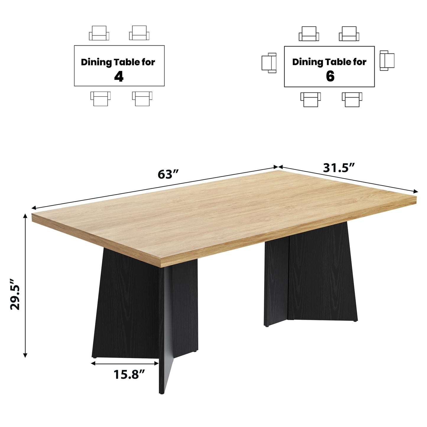 GarveeHome Dining Table for 6-8 People - 63" Modern Long Kitchen Table with Large Tabletop & Heavy Duty Pedestal Legs, Dinner Table for Kitchen, Conference Room, Home, Natural & Black
