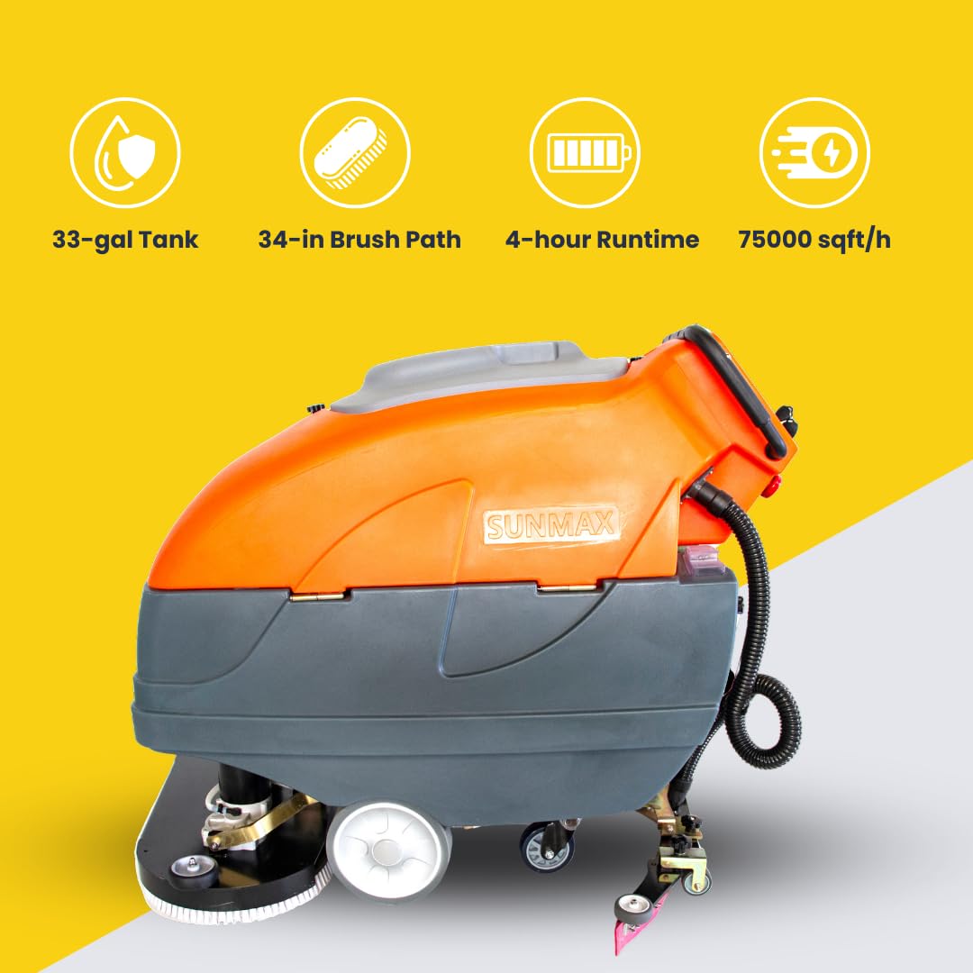 SUNMAX 34" Self-Propelled Commercial Floor Scrubber Machine, 33-Gal Tank, 75000 sp.ft./H Efficiency, Ideal for Large-area Cleaning
