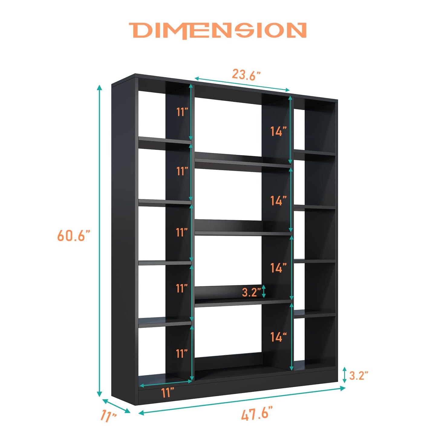 OSCHF Cube Storage Bookcase with Base - Large Wooden Bookshelf with 10 Open Cubes and 4 Shelves for Home and Office, Freestanding Organizer, Black