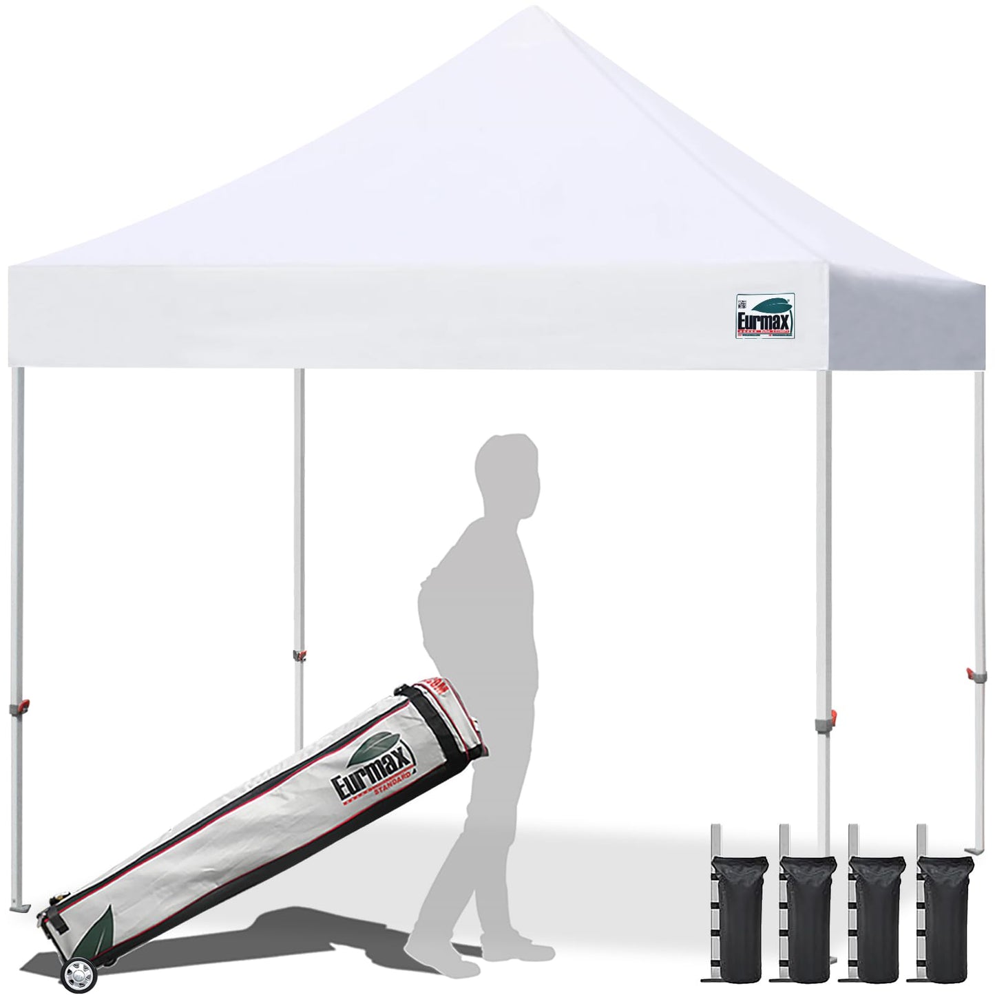 Eurmax USA 10x10ft Pop Up Canopy,Commercial Instant Tent for Outdoor Events,Patented No-Tip Rolling Storage Bag with 4 Sandbags,UV & Water Resistant,Heavy Duty Portable Shelter Gazebo,White