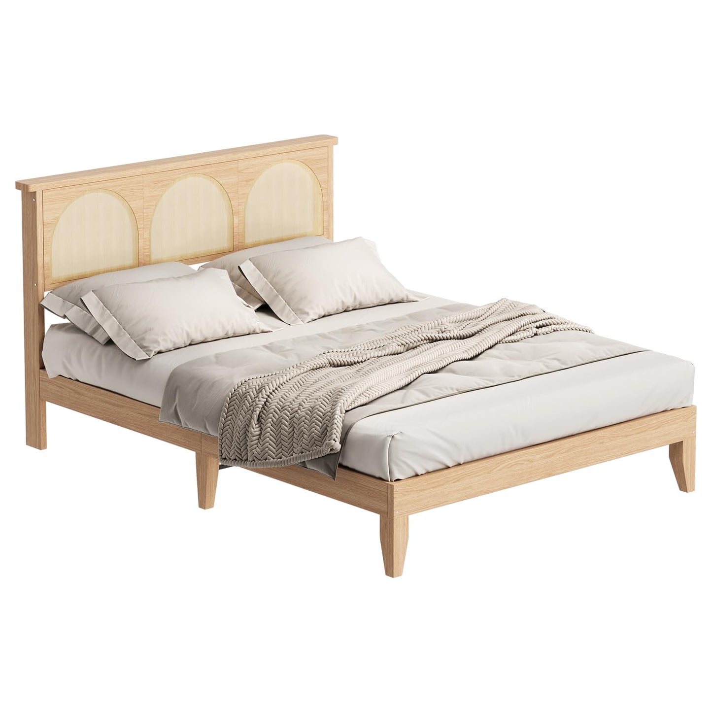 GarveeHome Boho Full Bed Frame, Solid Wood Bed with Natural Rattan Headboard & LED Lights, Wooden Platform Bed No Box Spring Needed, Storage Underneath, Sturdy Noise-Free Bed Frame, Easy Assembly