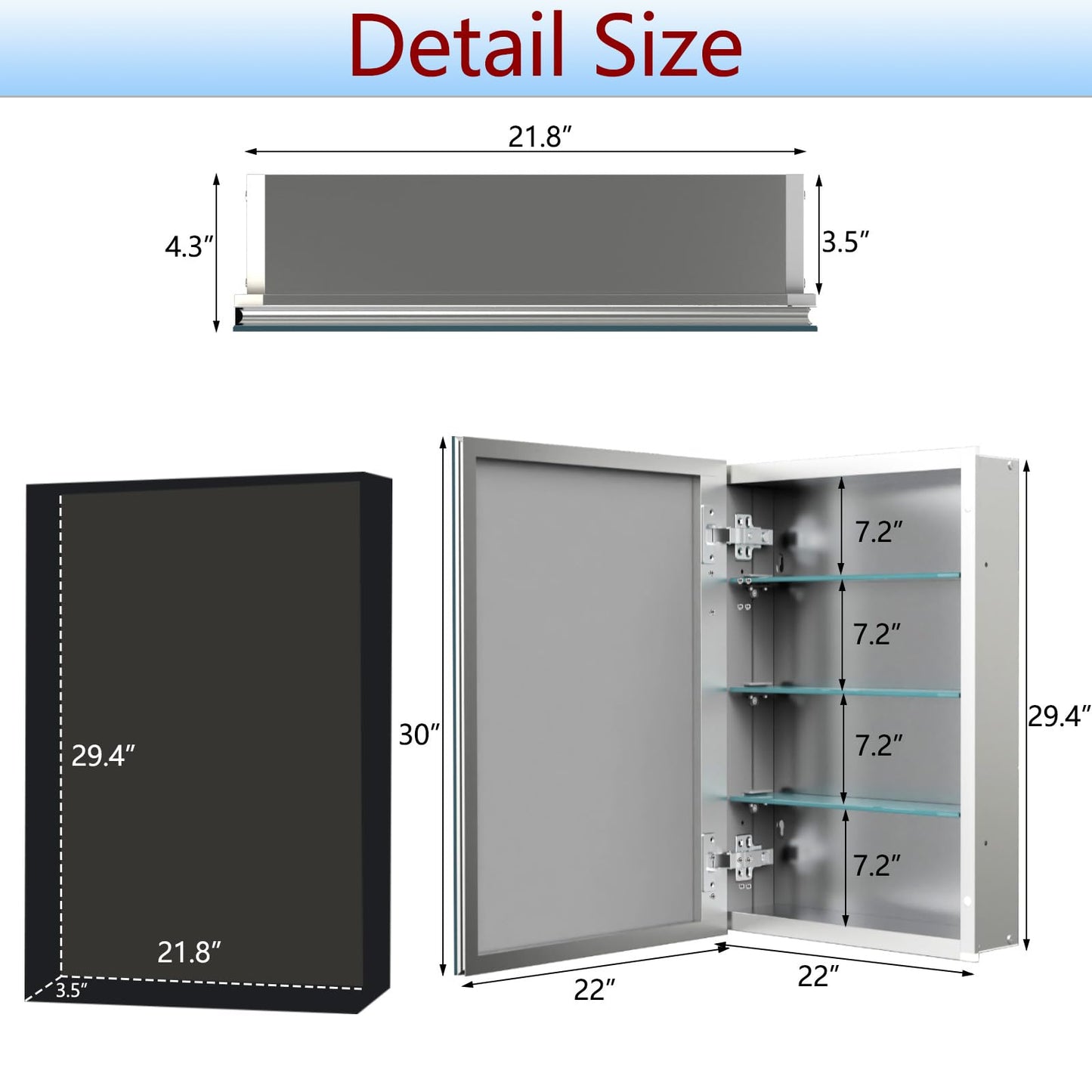 HESONTH Medicine Cabinet with Mirror of Storage, 22x30 inch Aluminum Bathroom Cabinet, Assembly Needed, Surface Mount or Recessed Wall Cabinet with Adjustable Glass Shelves for Bathroom Bedroom