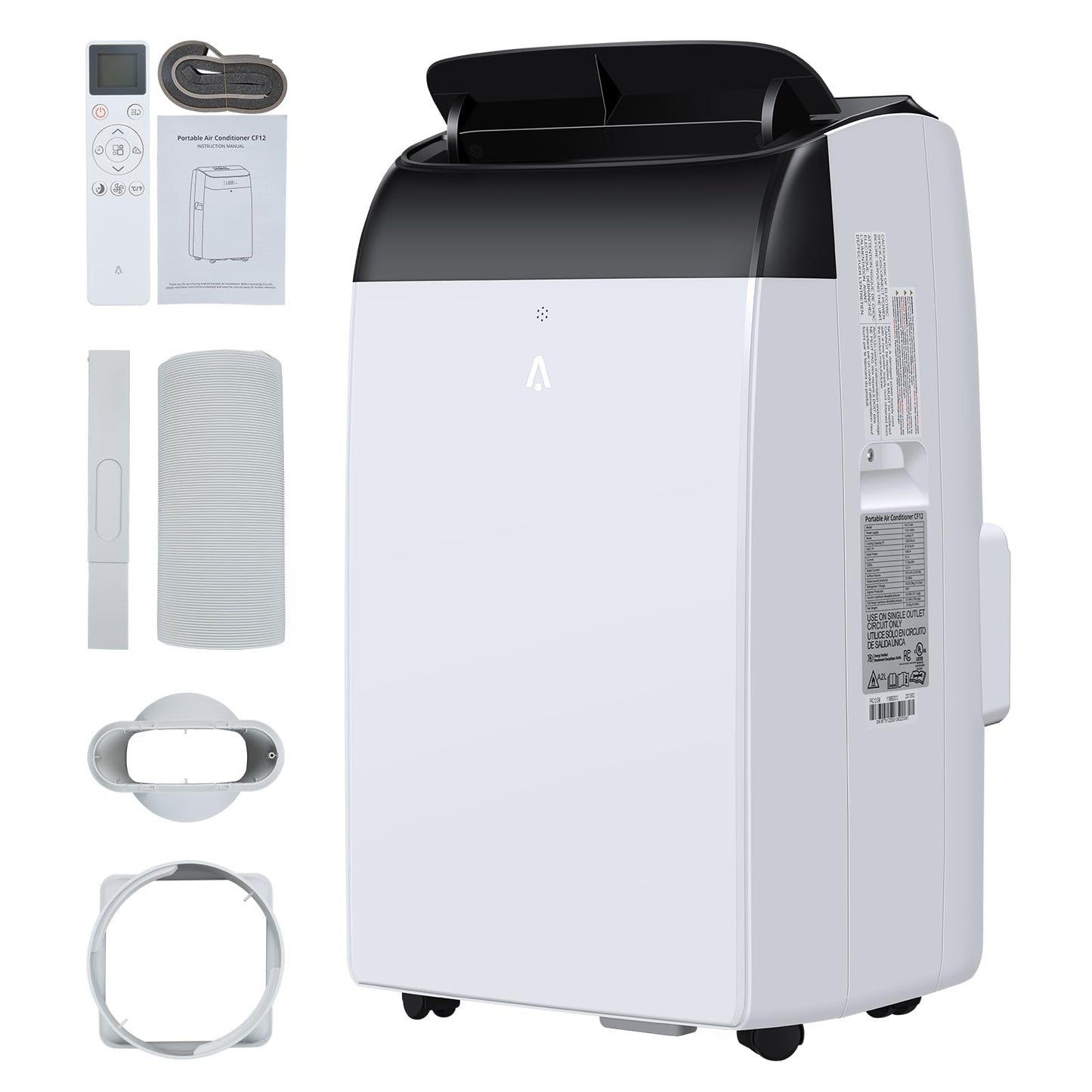 12,000 BTU Portable Air Conditioner with Remote Control, 3-in-1 AC Unit (Cool, Dehumidify, Fan) for Rooms up to 450 Sq. Ft, Easy Window Installation Kit, LED Display & 24H Timer, White/Black