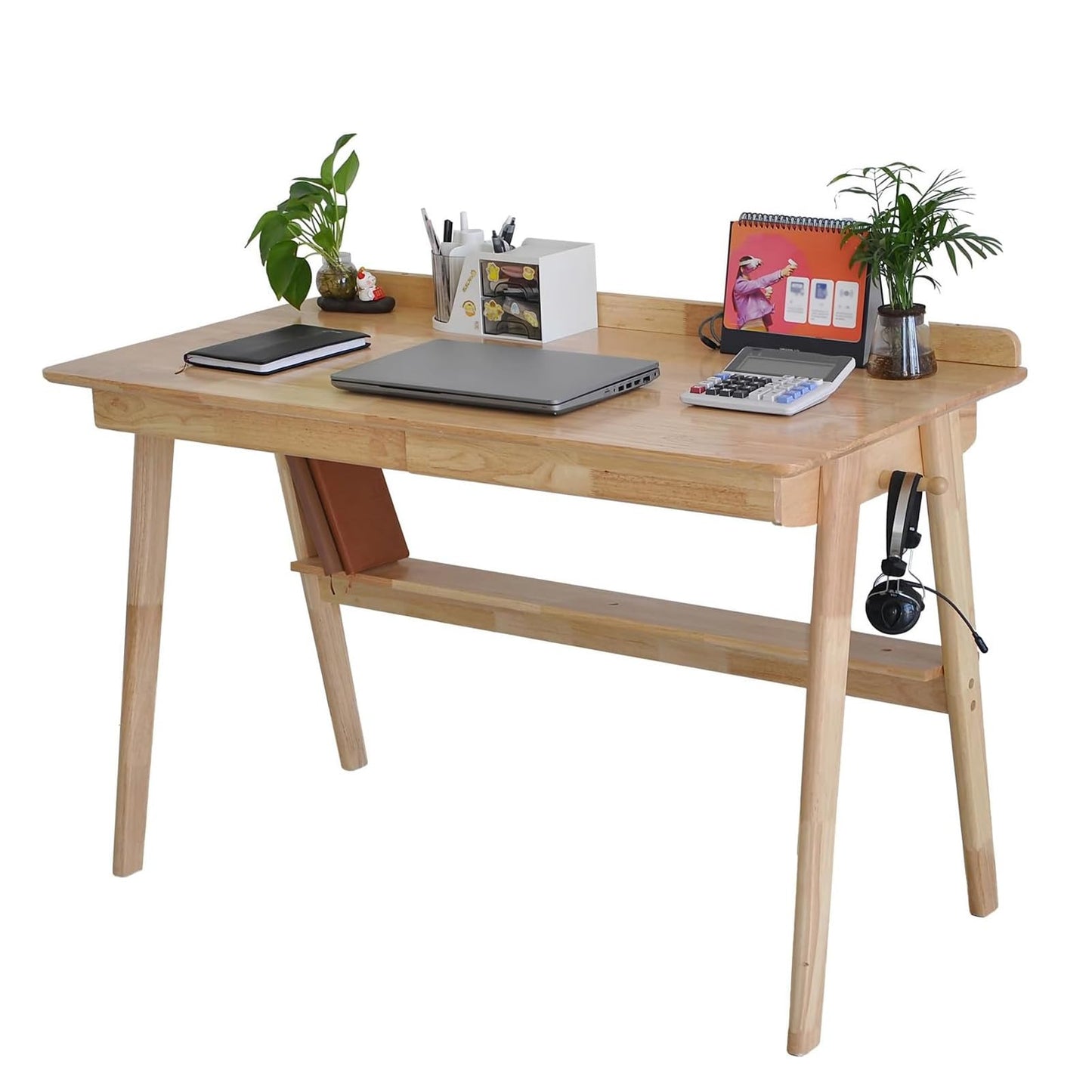 BuyUp Mid-Century 39" Desk Solid Wood Writing Desk with 2 Drawers and Lower Shelf, Home Office Table for Study or Work or Dining with 2 Hanging Rod, Natural