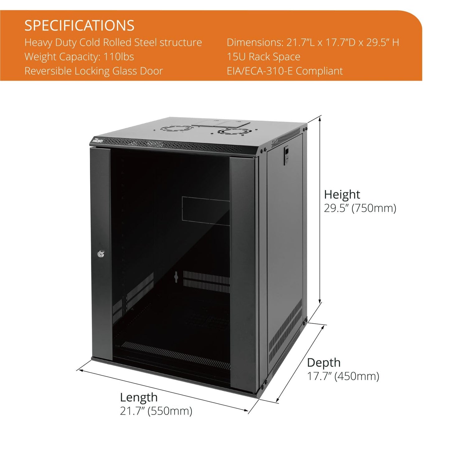 Tecmojo 15U Wall Mount Rack Network Cabinet for 19" IT Equipment,with Lockable Glass Door and Side Panels,Cooling Fan,17.7inch Depth,Black (15U)