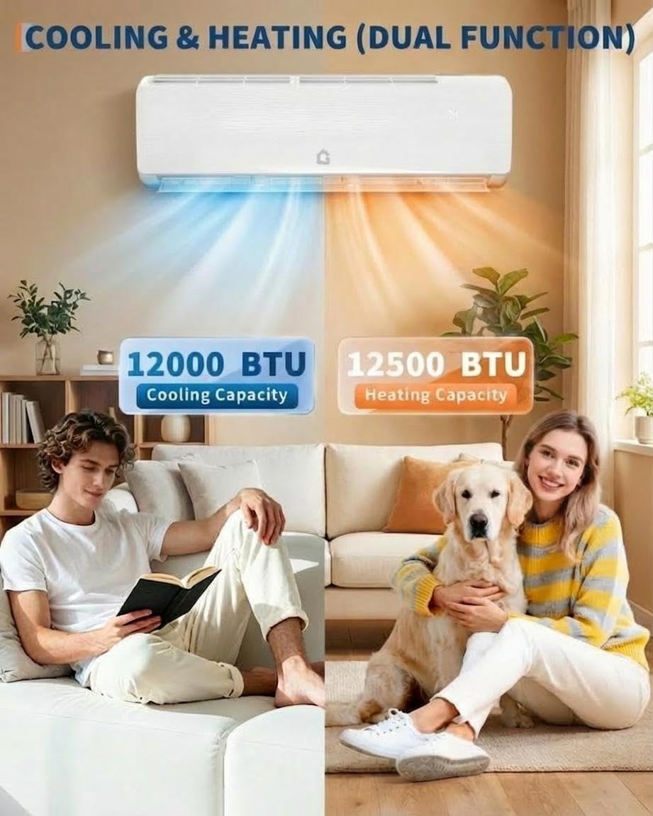 12000 BTU Mini Split Air Conditioner, 19 SEER2 Ductless Inverter AC with 115V, Cool up to 750 Sq. Ft with Heat Pump System, White