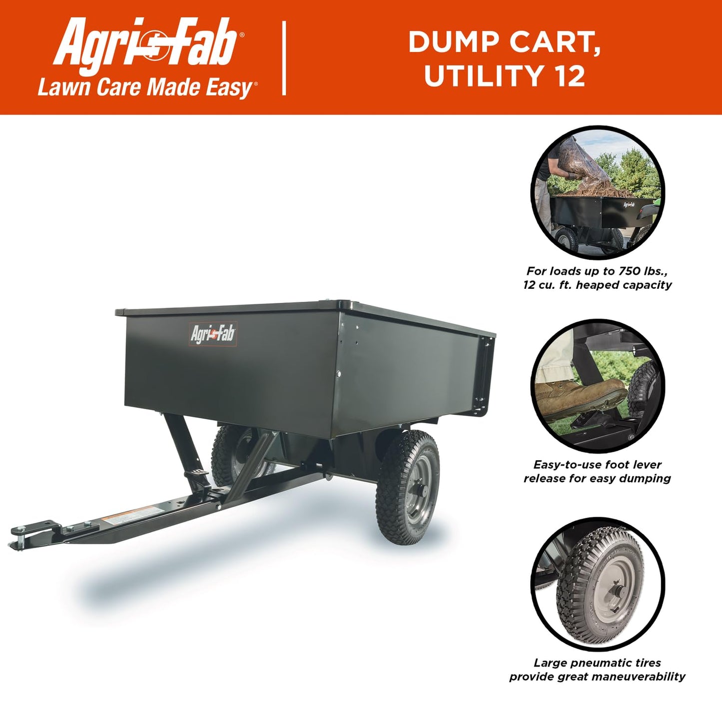 Agri-Fab Steel Utility Lawn and Garden Dump Cart for Riding Lawn Mowers, 750 lb Capacity with 12 Cu Ft Steel Bed and Pneumatic Tires