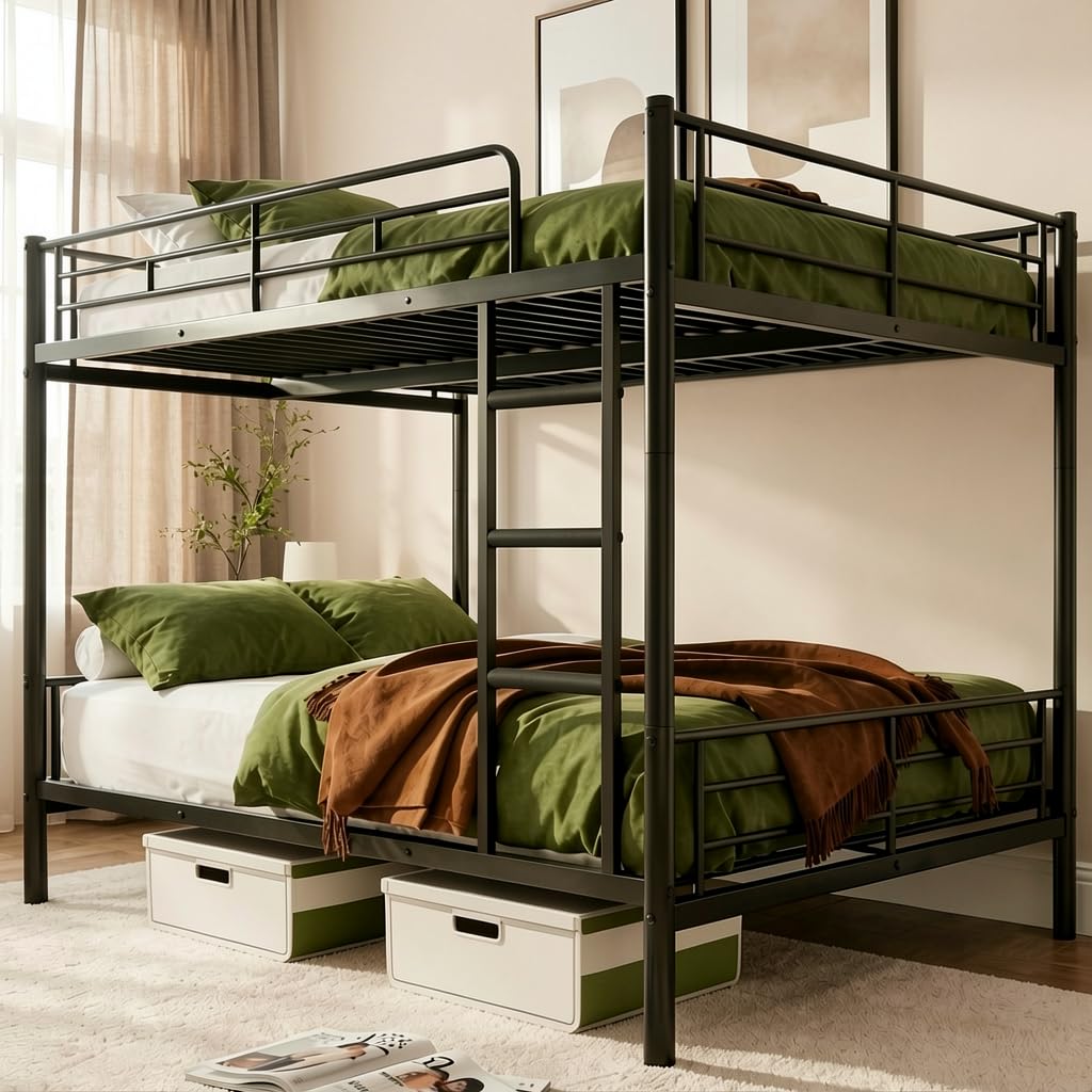Mixcous Full Over Full Bunk Bed for Adults, Heavy Duty Metal Bunk Bed Frame, Convertible into 2 Full Beds, Noise-Free, Full-Length Guardrails & EVA Padded Ladder, No Box Spring Needed, Black
