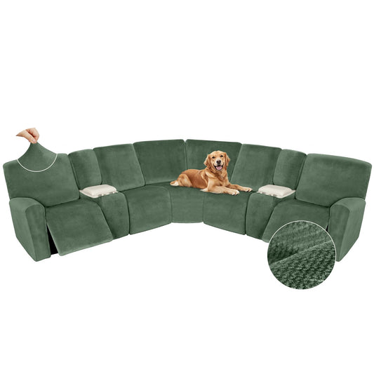 Arfntevss Sectional Recliner Couch Covers Velvet Washable Corner Sectional Sofa Cover for Reclining Stretch Soft Thick L Shape Recliner Slipcover Set (5 Seat with 2 Console Cover, Grayish Green)