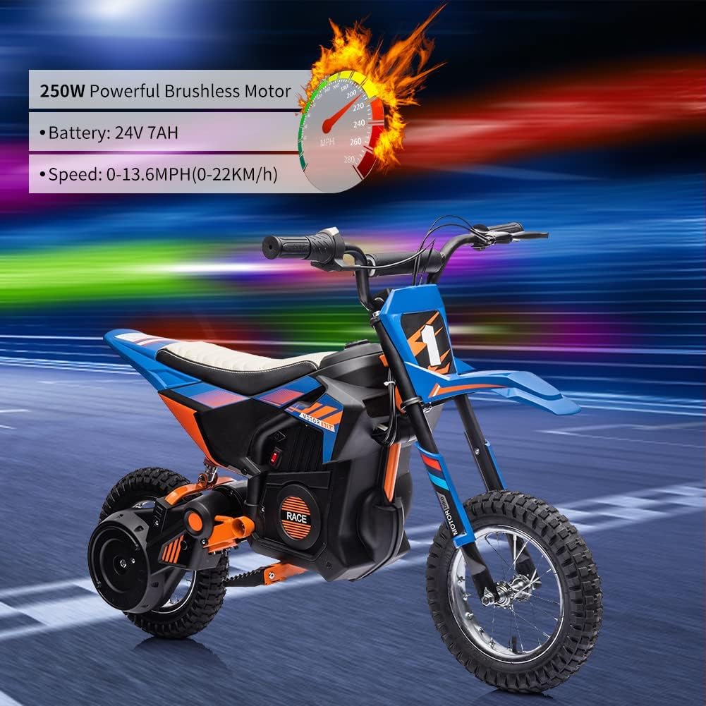 24V Kids Ride On Electric Motorcycle,250W Motor 13.6MPH Fast Speed Dirt Bike,Leather Seat Battery Powered Off-Road Bike,Twist Grip Throttle,Metal Suspension,Air-Filled Tires,for Teens