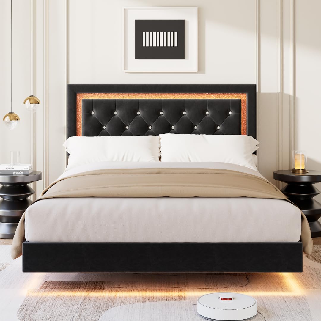 IDEALHOUSE Floating Queen Platform Bed Frame with Smart LED Lights – Modern Upholstered Diamond Headboard, Sturdy Wood Slats, Noise-Free, Easy Assembly, Sturdy Bedroom Furniture