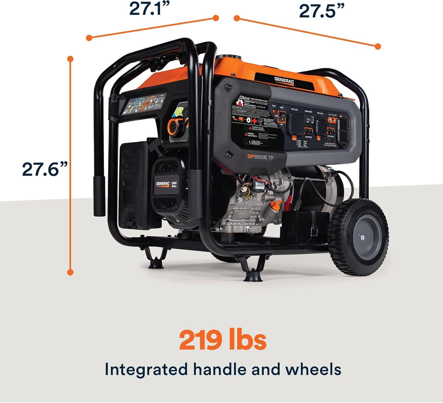 Generac 12,500 Starting Watt Tri-Fuel Portable Generator, Electric Start, Gas Propane Natural Gas, COsense Carbon Monoxide Detection, 9.5 Hour Runtime, Home Backup Emergency, 49-State Compliant