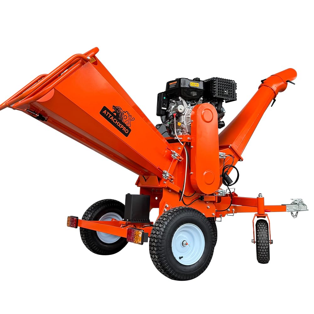 18HP 6 Inch 420cc Gas Powered Wood Chipper Shredder Mulcher, 4-Wheels Towable Wood Chipper Leaf & Branch Shredder with Towbar, Emergency Stop Button, Max Chipping Capacity for Wood Pellets (orange)