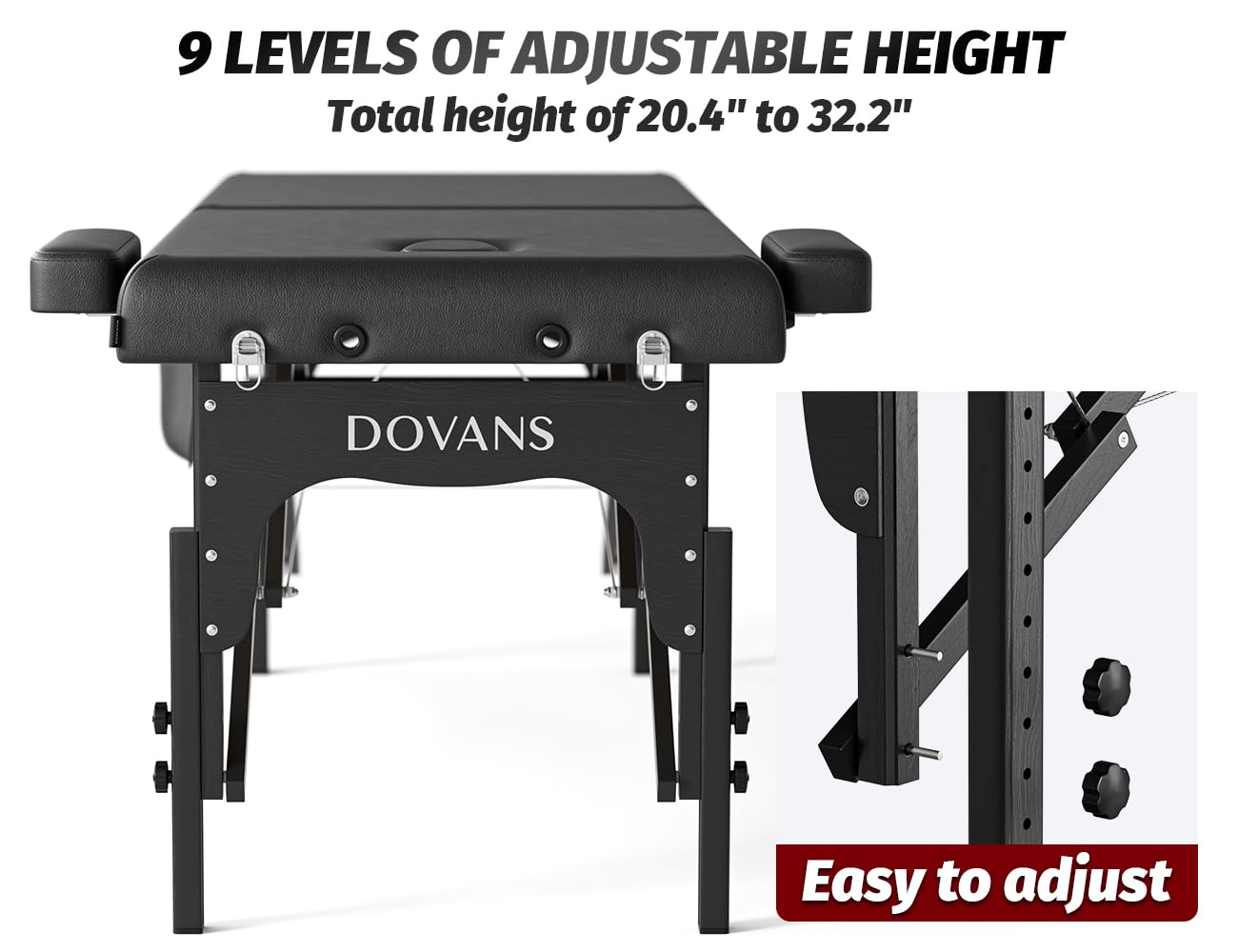 DOVANS Professional Massage Table Portable 2 Fold Premium Elastic Foam Wooden Leg Hold Up to 800LBS 10 Heights Adjustable with Carrying Bag Black