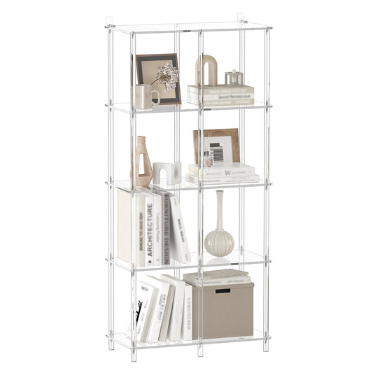 CRTERICX 5-Tier Acrylic Bookshelf with 8 Cube Storage, Clear Bookcase for Home Office, Mordern, Multifunctional Open Book Shelves for Living Room, Bedroom, 50.8" H, Easy Assembly