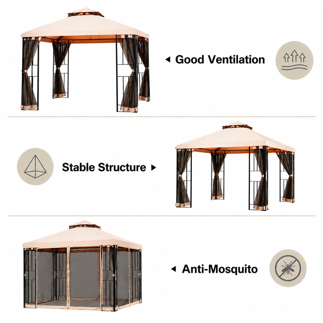 LAUSAINT HOME 10' x 10' Outdoor Patio Gazebo, Heavy-Duty Steel Frame Gazebo with Double-Tier Roof & Mosquito Netting, Party Tent Shelter for Backyard, Garden, Lawn, Khaki