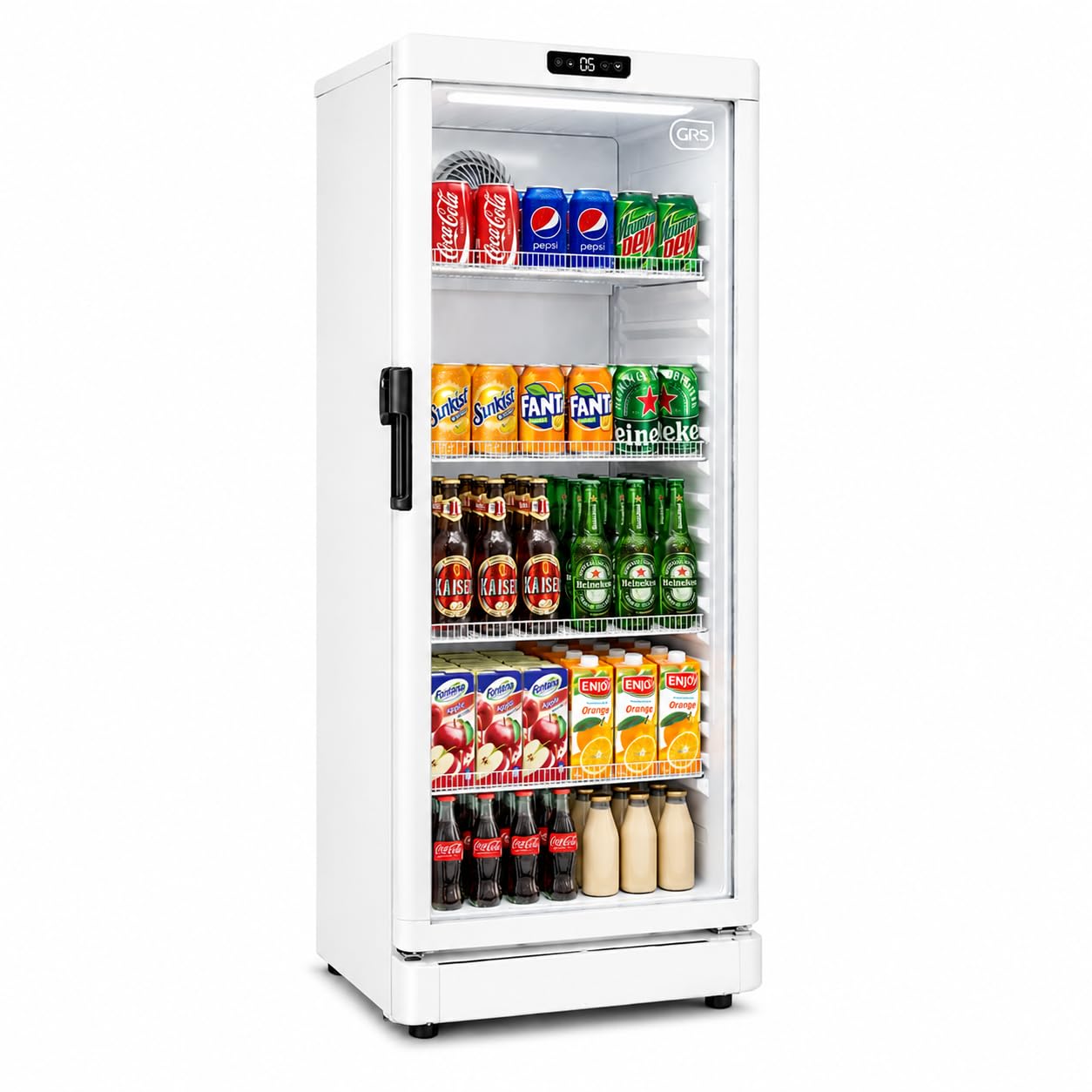 GRS Commercial Display Refrigerator with Glass Door Lock | Cool Air Flow & Temperature | Beverage fridge, Drink and Wine Cooler with Adjustable Display Shelf for Stores and Bars | Silver, 7.1 Cu. Ft