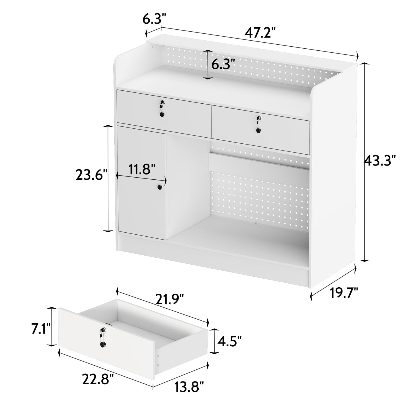 AIEGLE Reception Desk with Counter & Pegboard, Modern Retail Checkout Counter with 2 Lockable Drawers & Adjustable Shelf, 47.2" White Reception Room Table for Salon, Lobby, Office
