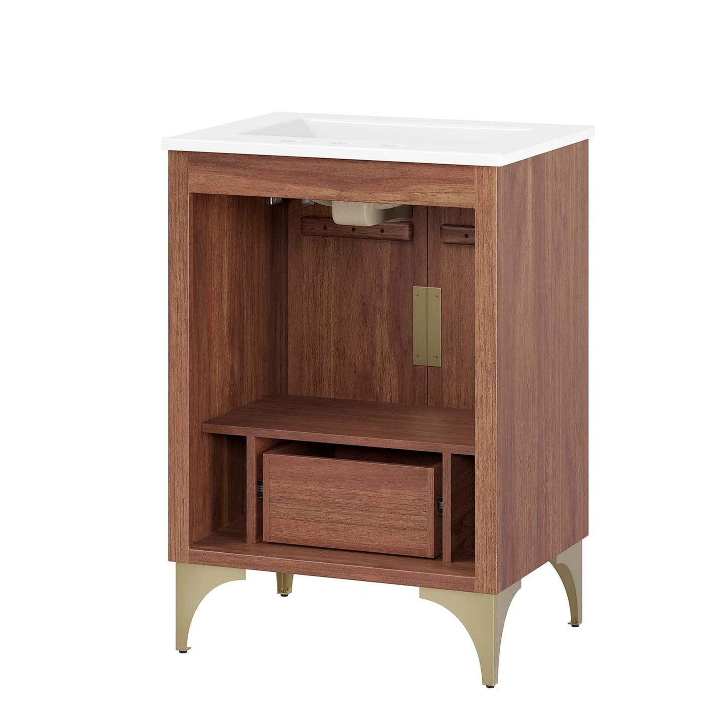 Modway Daylight Bathroom Vanity Cabinet with Ceramic Sink Basin, 24 Inch, White Walnut