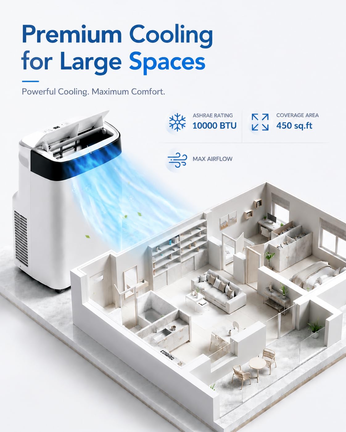 10000 BTU Portable Air Conditioners, Remote Control, 4-in-1 Quiet AC Unit, 3 Speeds, 24H Timer, Cools Room up to 450 Sq.Ft, Multi-Function Modes, Smart Control Panel