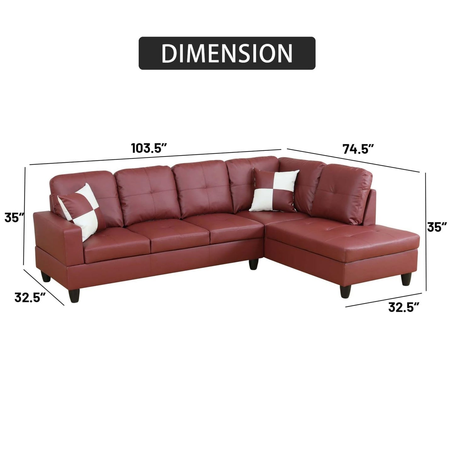 UOCFYK Sectional Sofa Couch with Right Chaise, Faux Leather L Shaped Couches for Living Room, Office, Apartments, Small Space, Red