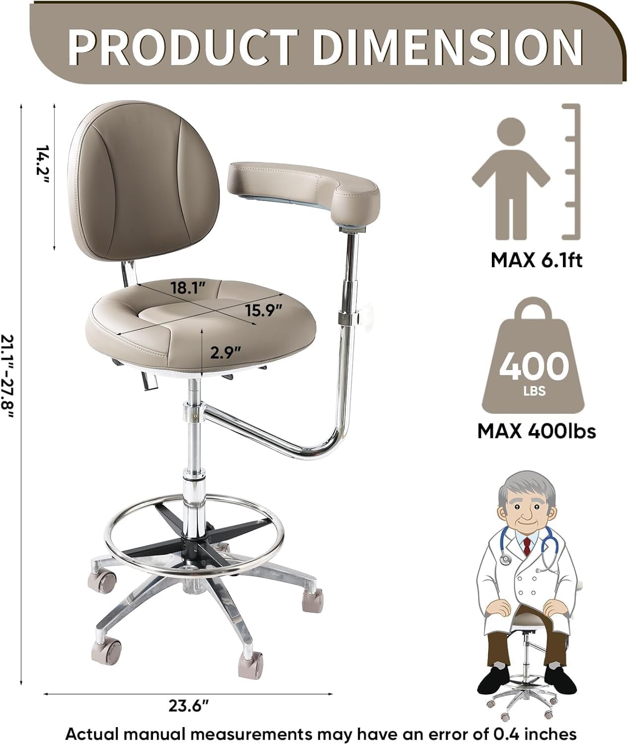 Professional Dental Stool with Adjustable Armrest & 125° Synchro Tilt-Back – Height Adjustable Rolling Medical Chair with Lumbar Support, 400 lbs Capacity – for Dentist, Hygienist, Tattoo, Salon-Grey