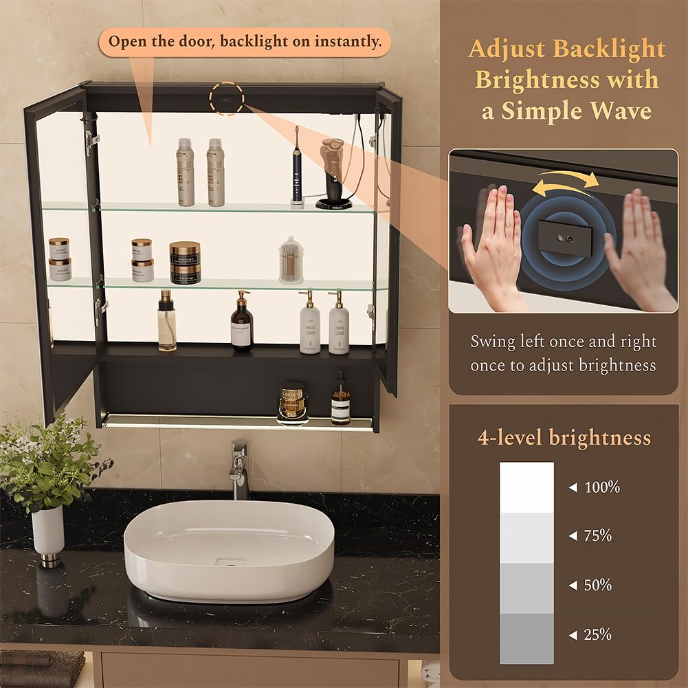 MIRROLIA 30"×34" LED Lighted Medicine Cabinet with Backlight, Adjustable Brightness 3 Color Temperature Lighting Anti-Fog Mirror 2 Socket & 2 USB Ports & Adjustable Shelf Wall Mounted