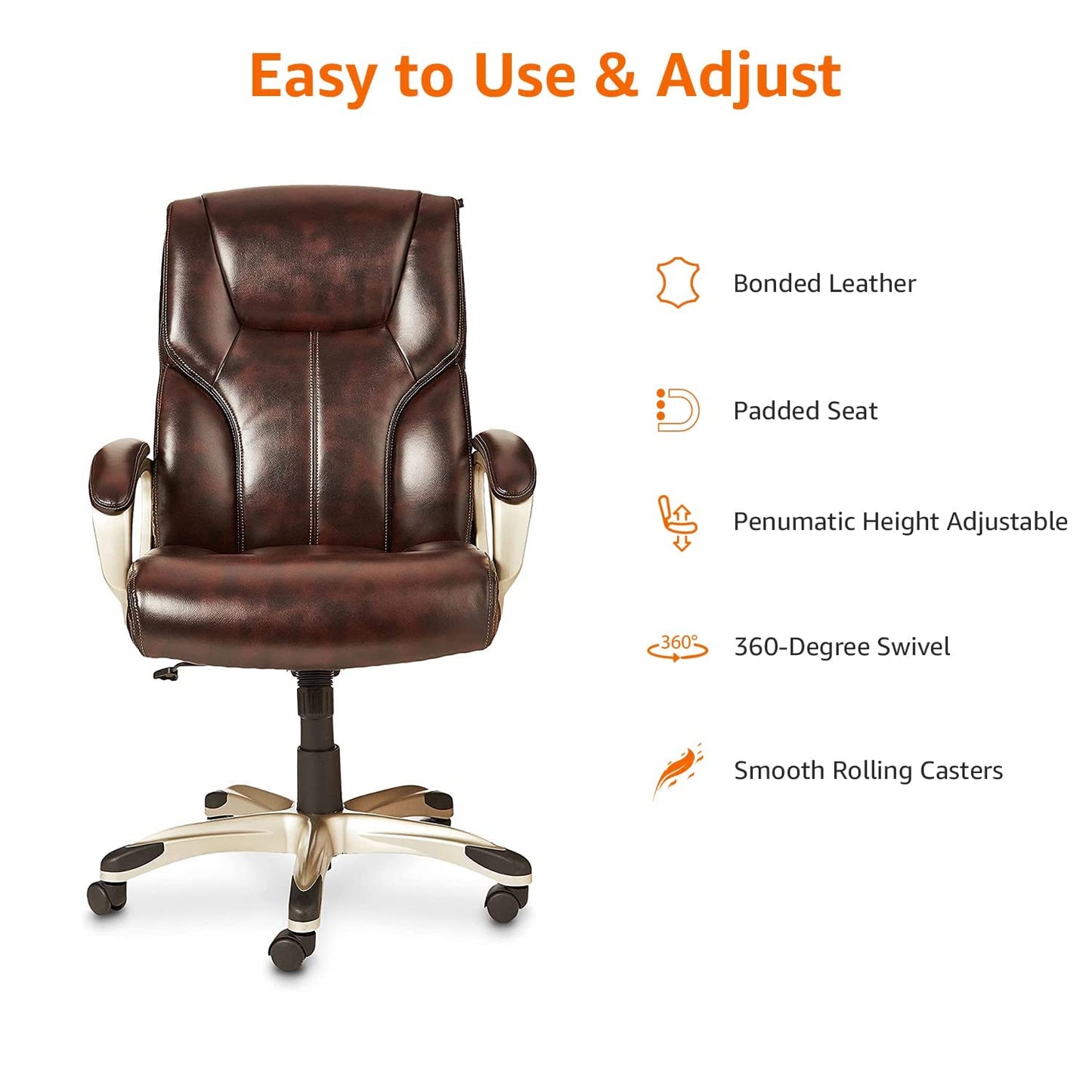 Amazon Basics Executive High Back Office Chair, Adjustable Height, Tilt, Swivel, Padded Armrests, Brown/Gold