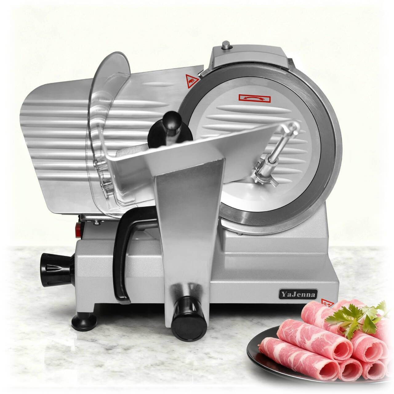 YaJenna Electric Meat Slicer 10" 300W Deli and Ham Food Cheese Jerky Steak Slicer Cutting Machine Semi-Auto 0-15MM Adjustable Slice Thickness