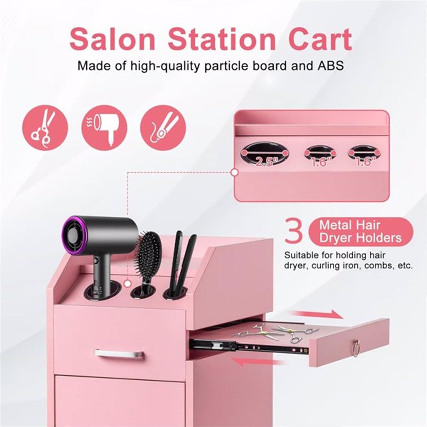 CUIYMXSC Salon Storage Cabinet, Hairdressing Tools Station, with 3 Hair Dryer Holders, 4 Drawers, 1 Lockable Cabinet, Salon Trolley Cart Mobile Barber Station for Beauty Spa Barbershop