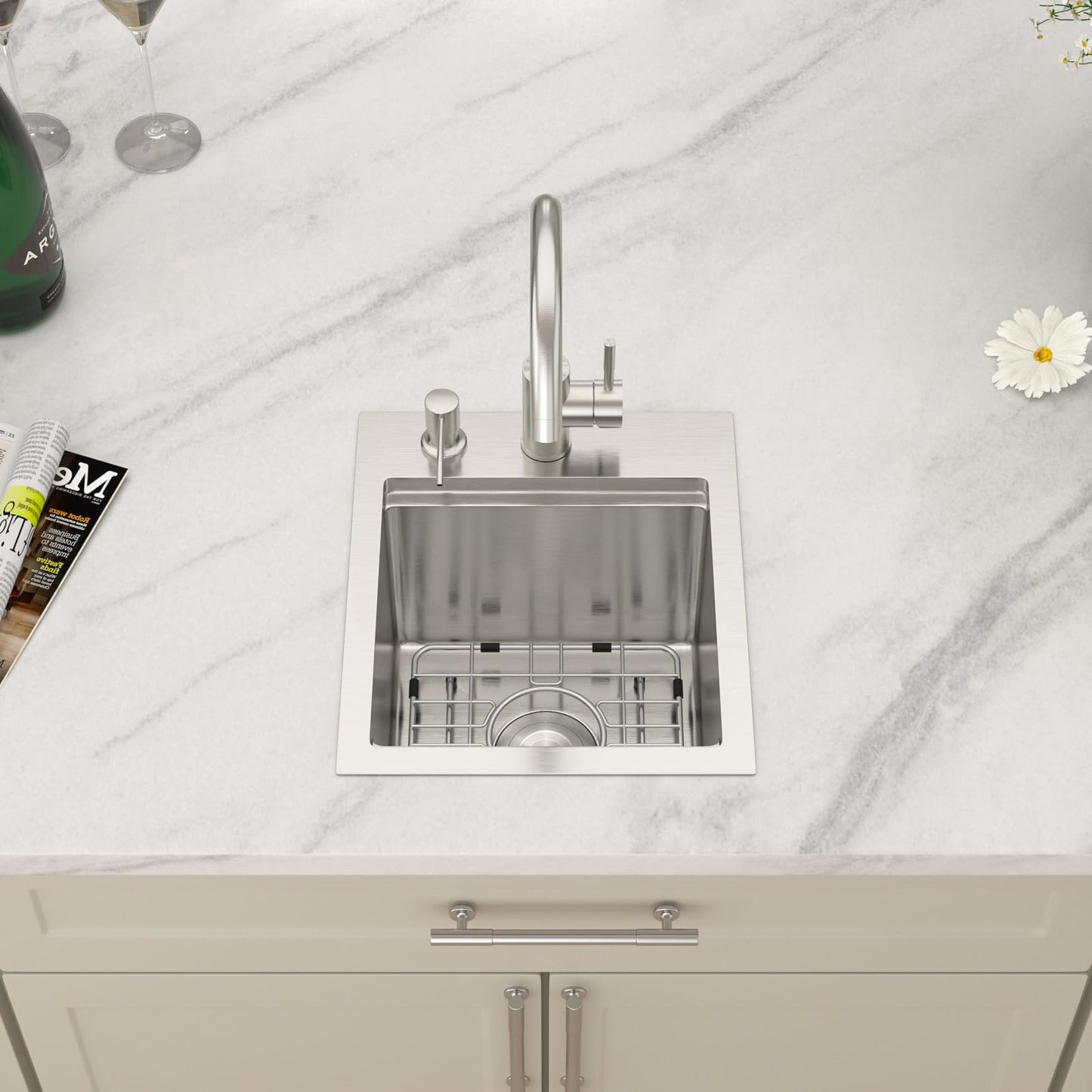 Dcolora Drop In Bar Sink 13x15x9 Inches, Workstation with Accessories, Brushed 304 Stainless Steel, Heavy Duty 16 Gauce, Small Single Bowl Perfect for Small Kitchen, Bar, Kitchen Island #DC-TW258005