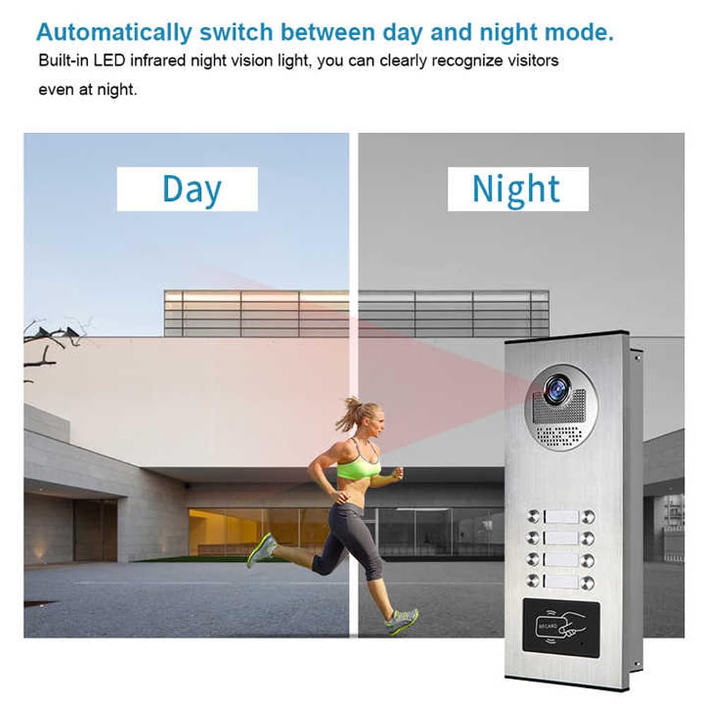 Wired Video Apartment Intercom System,2/3/4/6/8/10/12 Units 7 inch Monitor Video Door Phone Kit,Indoor Outdoor Video Doorbell, ID Card Unlock, 2 Way Audio for Home (for 8 Family)