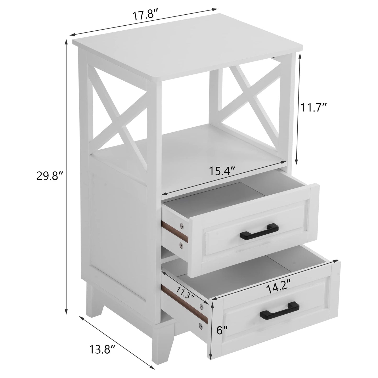 White Nightstand with 2 Storage Drawers Cabinet, Tall End Table with Wooden X-Design for Bedroom,Living Room, White