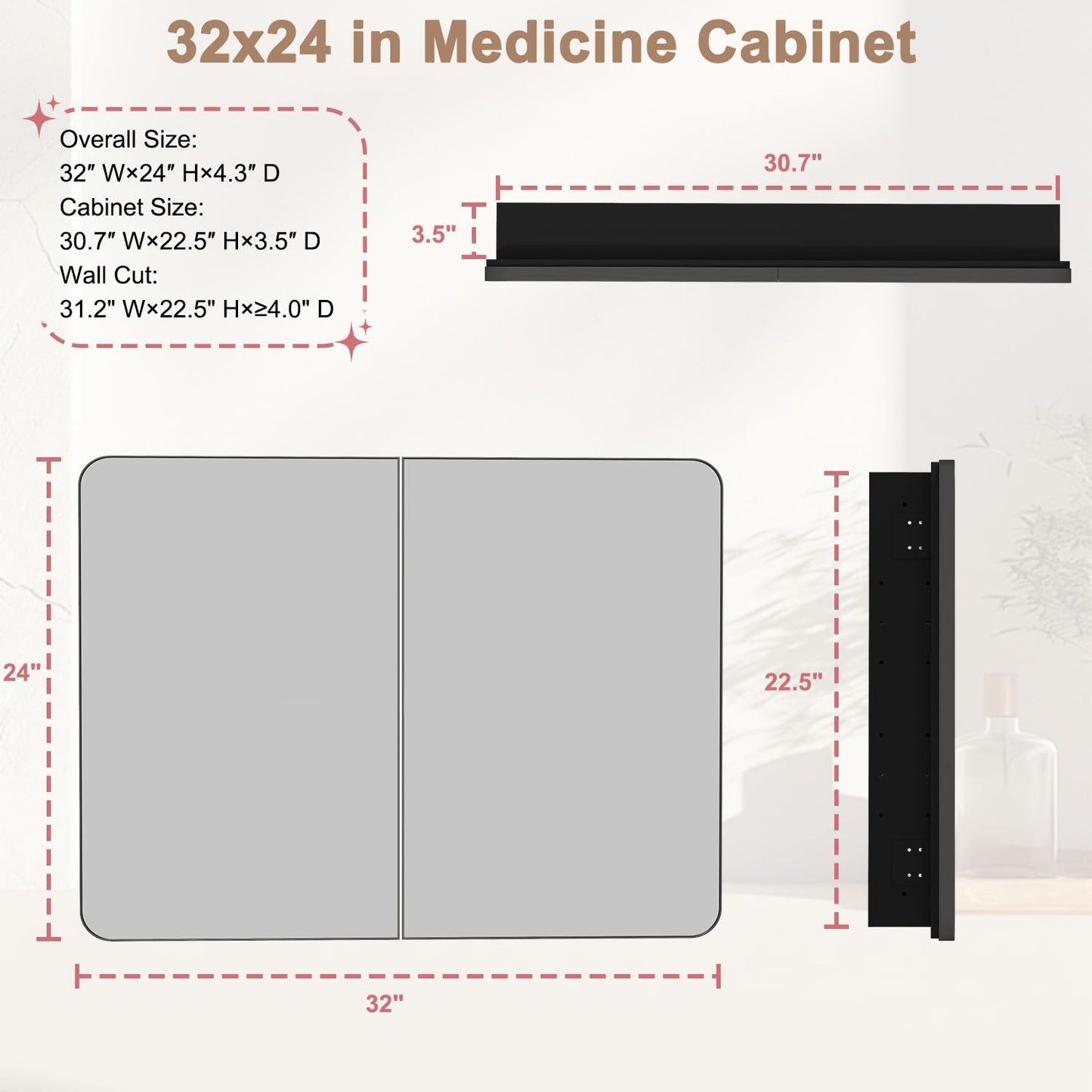 Venlus Black Double Door Medicine Cabinet with Mirror, 32 x 24 Inch Fully Assembled Recessed or Surface Mount Bathroom Medicine Cabinet, Metal Mirrored Cabinet with Adjustable Storage Shelves