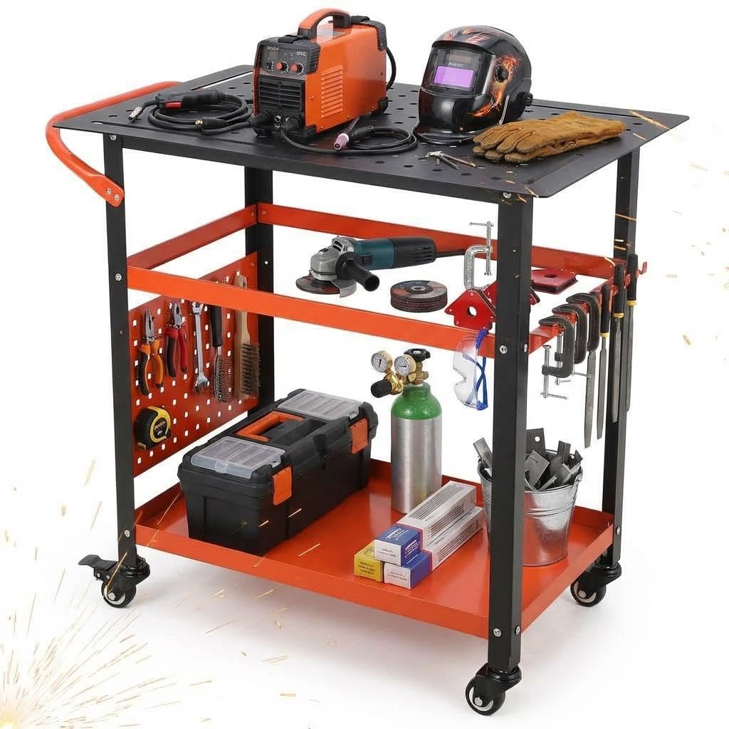 Heavy-Duty Welding Table with Wheels, 36"X24" Portable Welder Workbench with 5/8" Fixture Holes & Storage Panels for Shop & Workshop | Mobile Welding Station & Fabrication Table