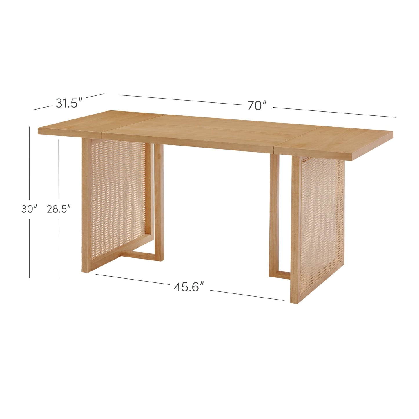 Nathan James Willow Boho Dining Table for 6 with Solid Wood Legs, 6-Person Natural Wood Dining Table, Warm Pine or Brown with Bohemian Rattan Accent