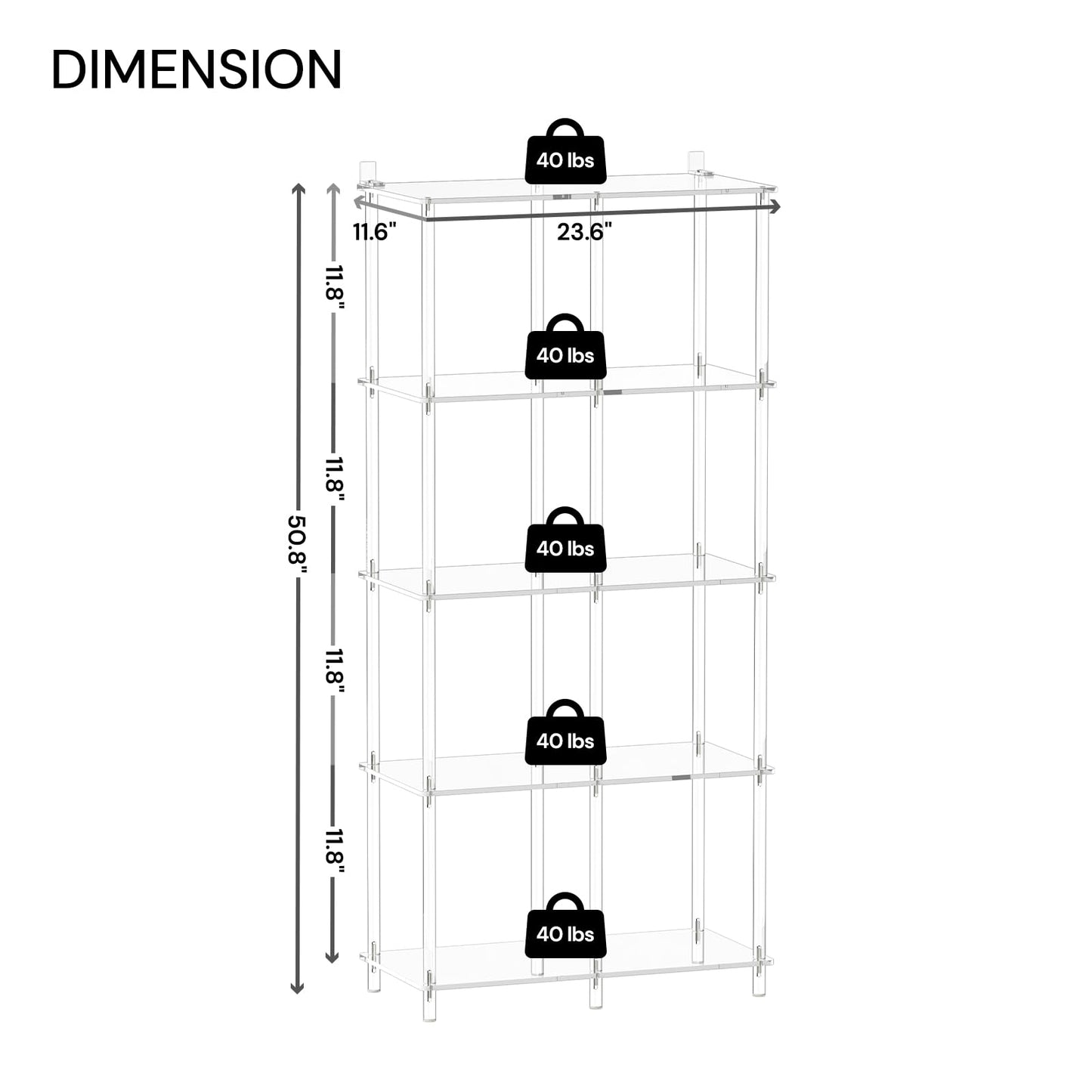 CRTERICX 5-Tier Acrylic Bookshelf with 8 Cube Storage, Clear Bookcase for Home Office, Mordern, Multifunctional Open Book Shelves for Living Room, Bedroom, 50.8" H, Easy Assembly