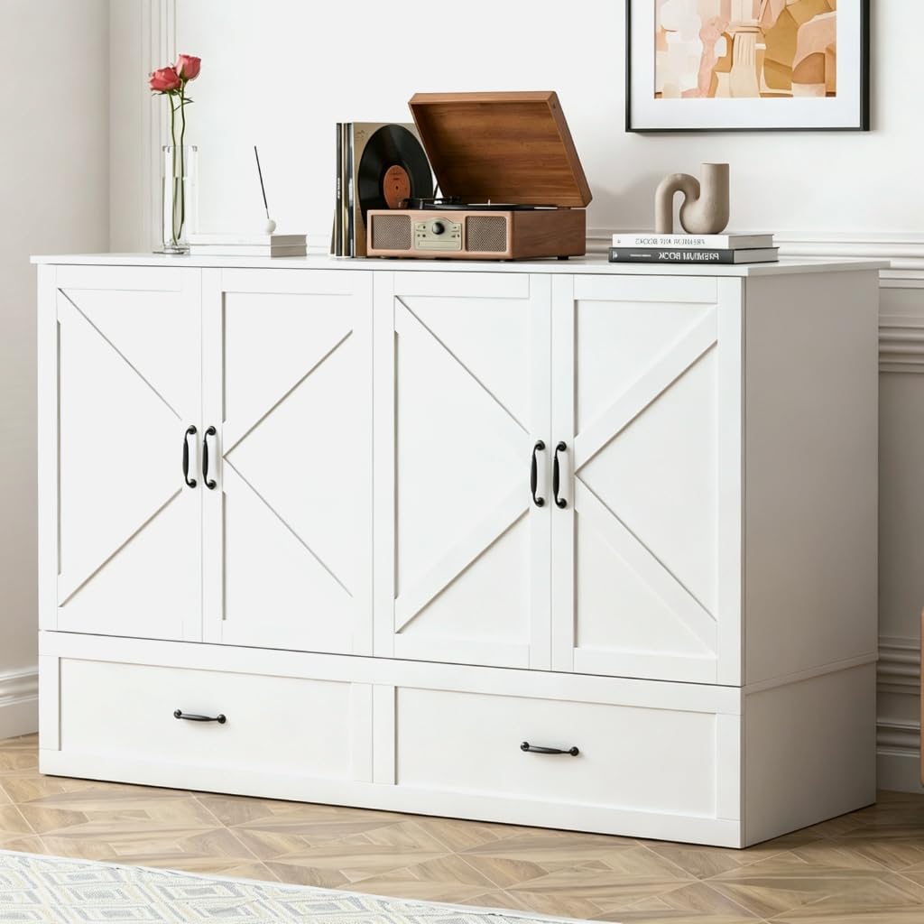 Mjkone Murphy Bed, Cabinet Beds Queen Size with Mattress Included, USB Charging Port, Drawer, Space Saving Queen Murphy Chest Bed, Hidden Cabinet Guest Wall Beds for Bedroom, Apartment, White