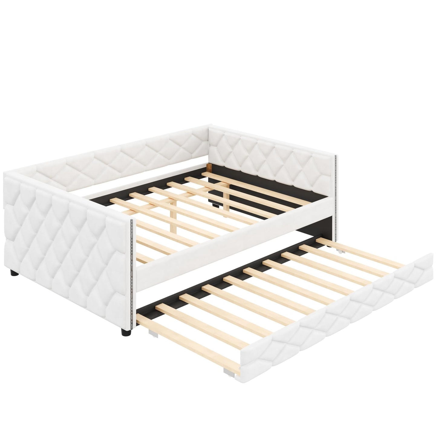 Merax Full XL Upholstered Daybed with Trundle, Modern PU Leather Sofa Bed Frame with Pull-Out Bed, Tufted Daybed Couch for Living Room Guest Room, No Box Spring Needed, White