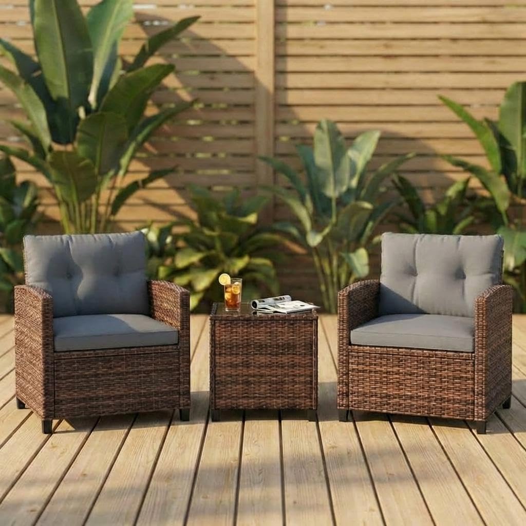 GarveeLife 3 Pieces Patio Furniture Set, PE Rattan Patio Conversation Set with Tempered Glass Tabletop, Outdoor Wicker Chairs and Table Set for Patio Balcony Garden, Brown and Grey
