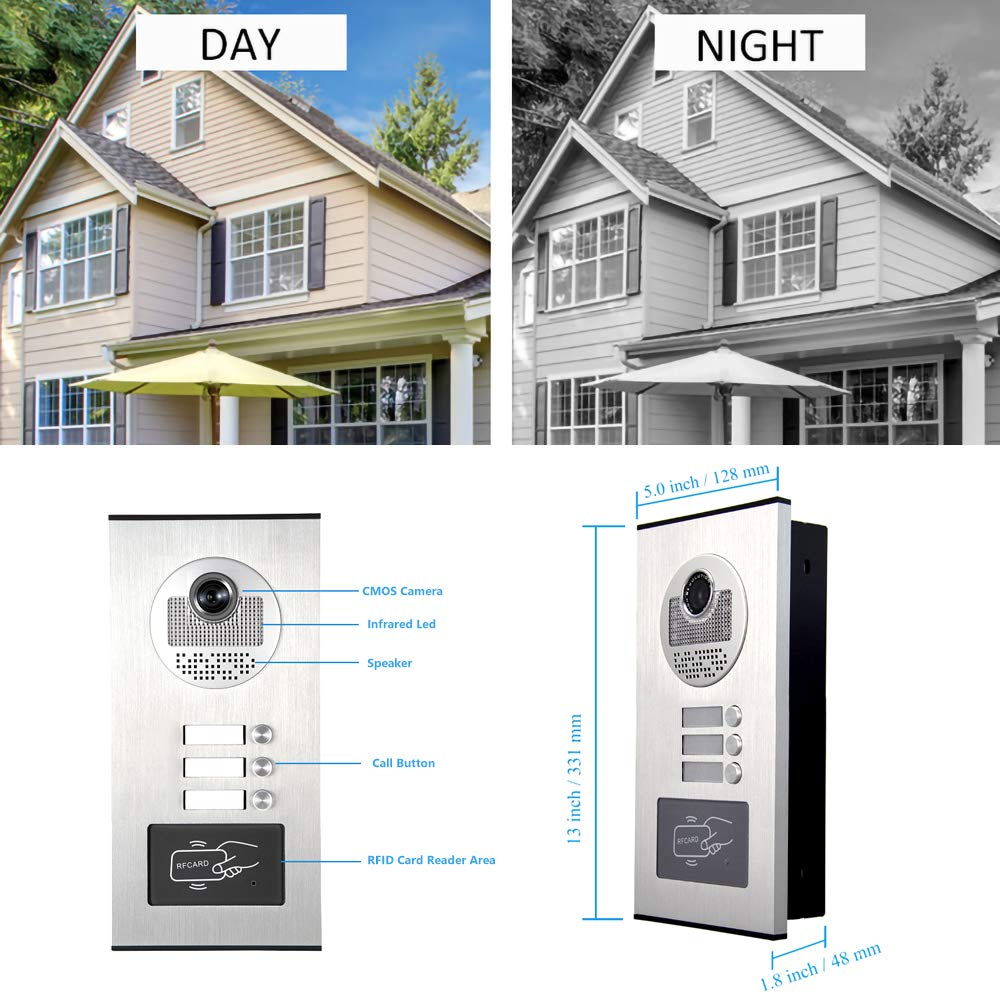 AMOCAM Upgrade Versions 3 Units Apartment Intercom System 7 inch Touch Monitor Video Door Phone Kits Support Ethernet Cable Connect, Single-Supply, ID Keyfobs Unlock for Home Apartment