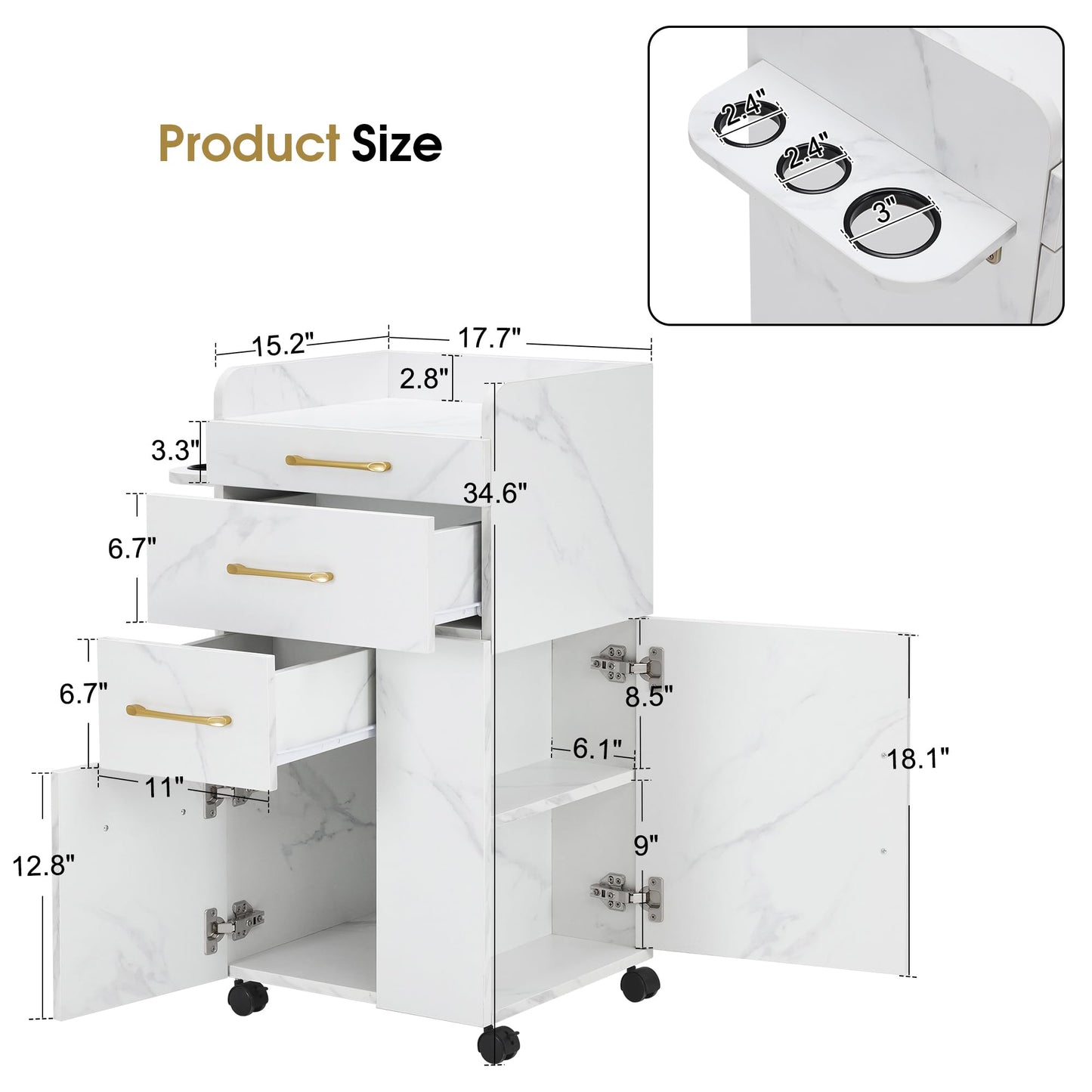 BarberPub Salon Trolley Cart with Lockable Wheels, Hair Styling Utility Rolling Cart for Storage DC2053 (White)