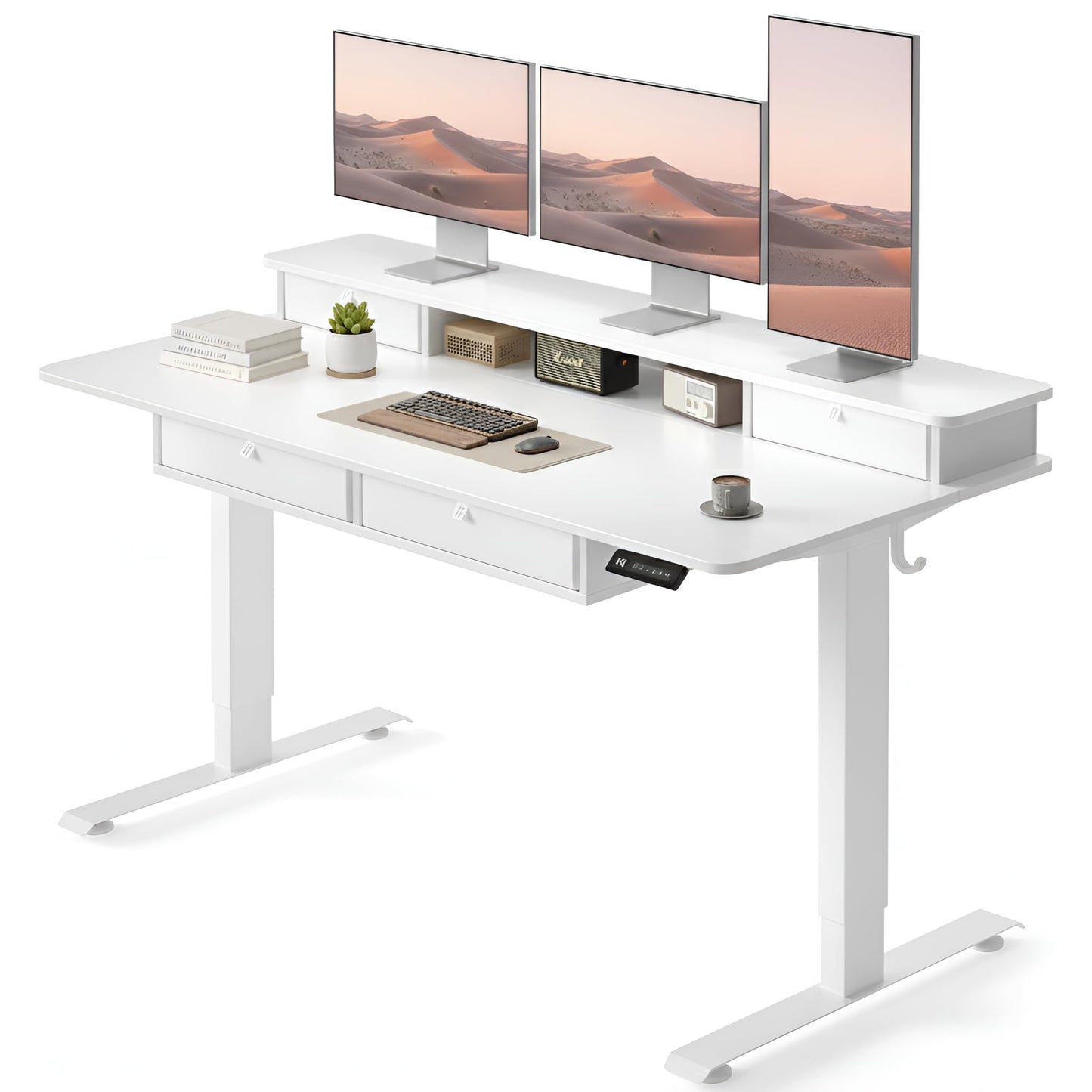 CubiCubi 60" x 30" Standing Desk with Drawers, Height Adjustable Electric Workstation, Computer Sit Stand Up Table with Large Storage Shelf 4 Drawers and 2 Hooks, White